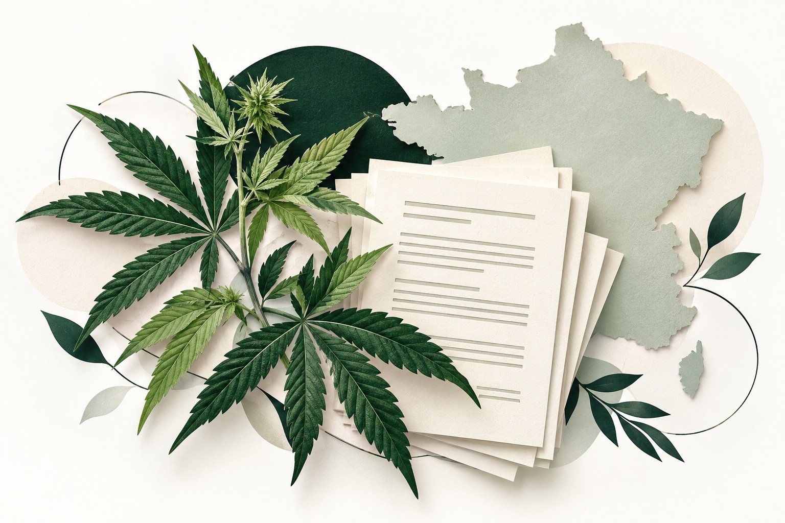 Illustration de feuilles de chanvre, de documents et d’une carte de France dans des tons verts.